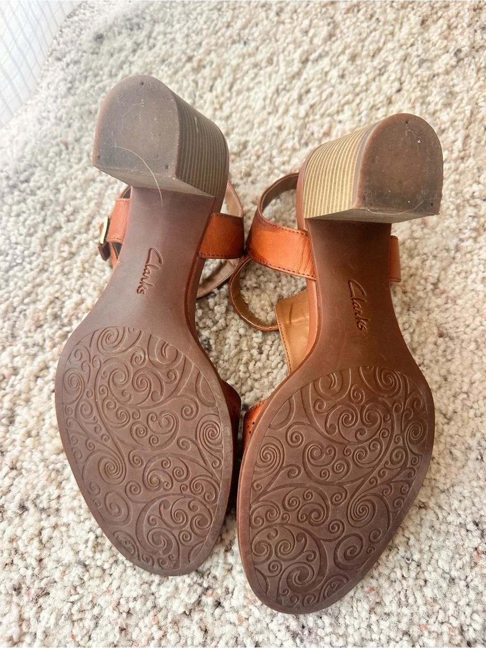 Clarks Cognac Brown T-Strap Block Heel Sandals